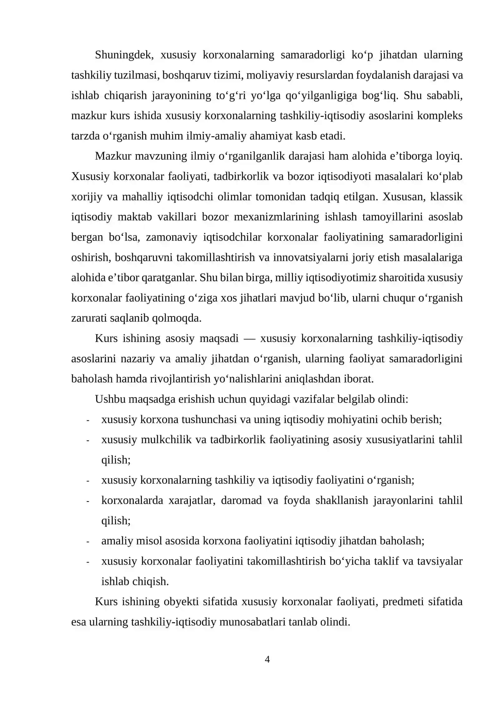“XUSUSIY KORXONALARNING TASHKILIY-IQTISODIY ASOSLARI” MAVZUSIDAGI KURS ISHI 4