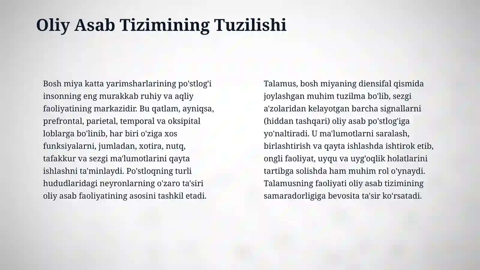 asab tizimining oliy boʻlimlarining vazifalari. shartli reflekslar . oliy asab faoliyat tiplari. organizmni signal tizimlari. bosh miya yarimsharlarining funksional assimetriyasi 4