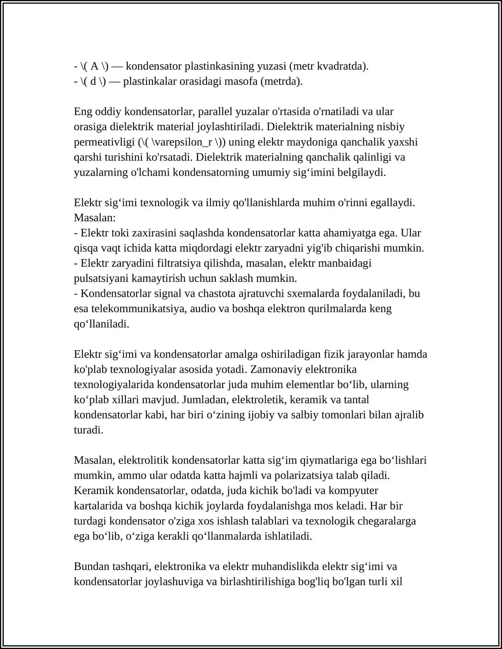ELEKTR SIGʻIMI. KONDENSATORLAR,KONDENSATORLARNI KETMA KET VA PARALLEL ULASH. ELEKTRMAYDONI ENERGIYASI 4