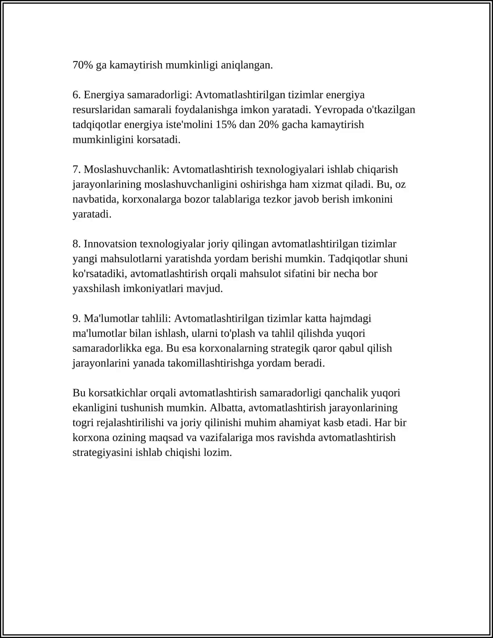 AVTOMATLASHTIRISH SAMARADORLIGINING ASOSIY KOʻRSATKICHLARI VA ULARNI HISOBLASH 4