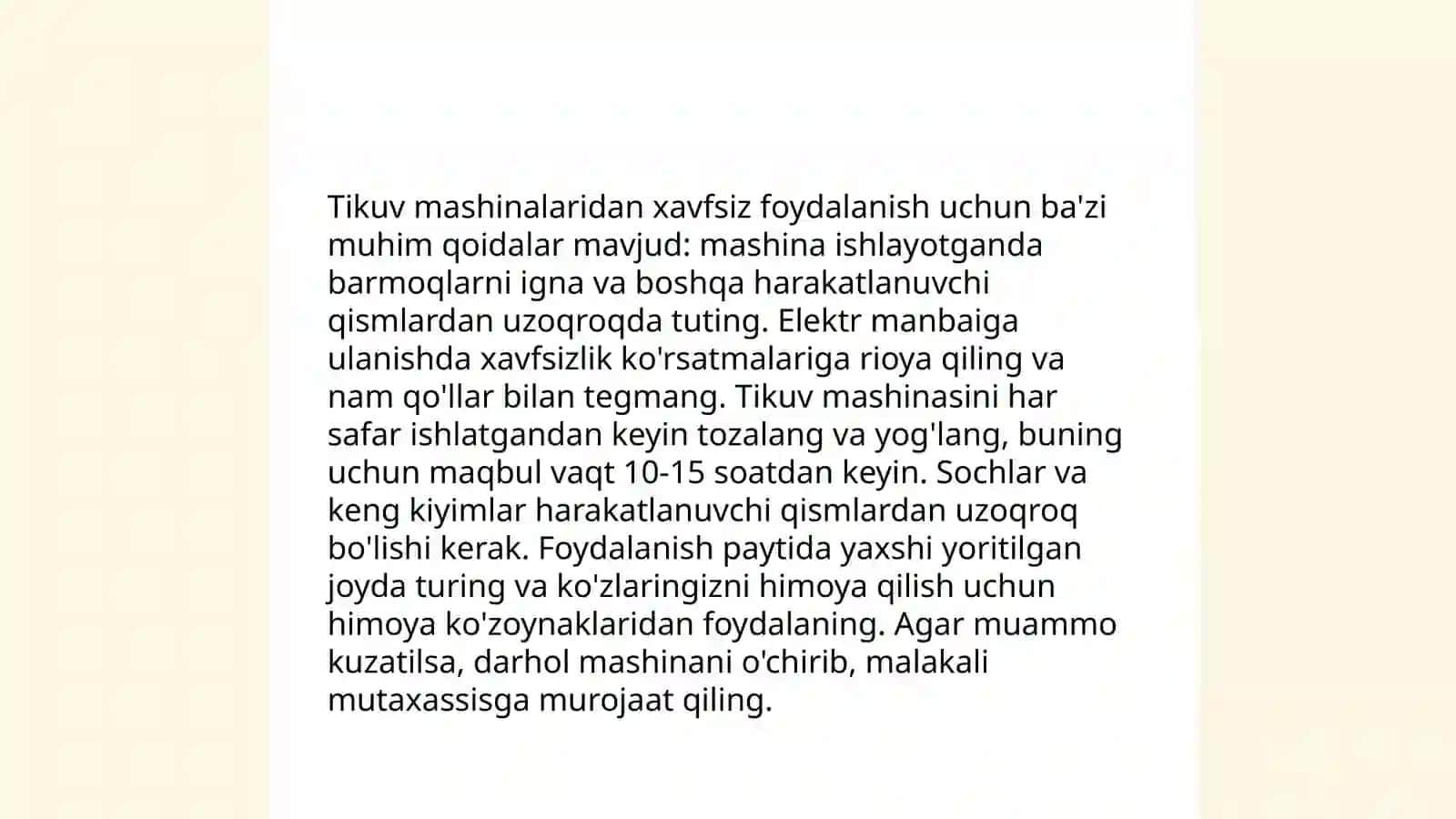 Tikuvchilik ustaxonalarida texnika xavsizligi qoidalari 4