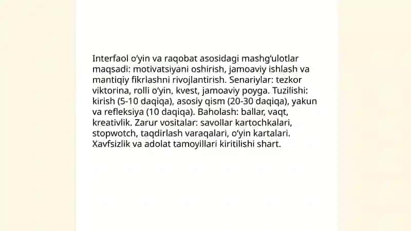 Darsdan tashqari mashg‘ulotlarni o‘tkazish senariylari bilan tanishish 4