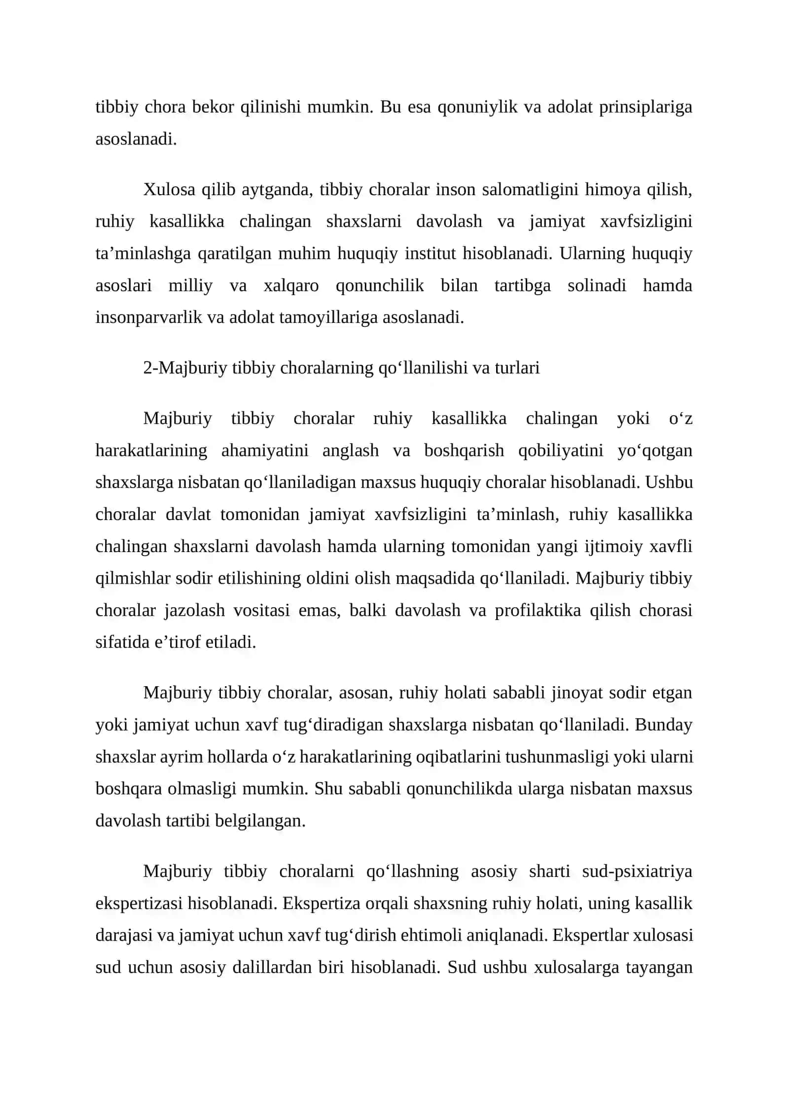 Tibbiy choralarning ijrosi. Majburiy tibbiy choralarning qo’llanilishi. Ularni tayinlash va bekor qilish tartibi 4