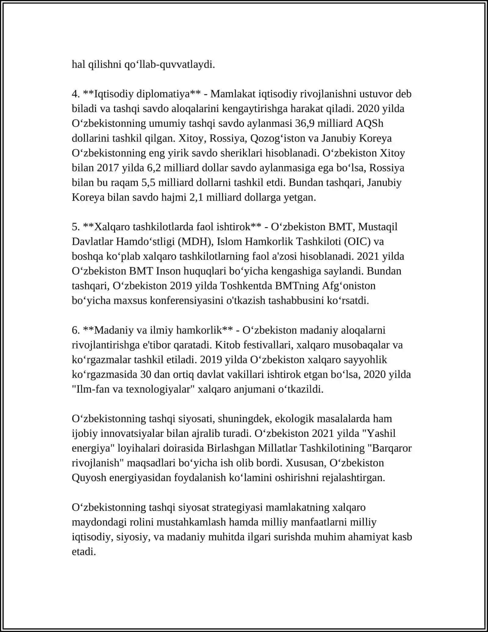 O‘ZBEKISTONNING XALQARO ALOQALARI VA JAHON HAMJAMIYATIDAGI O’RNI 4