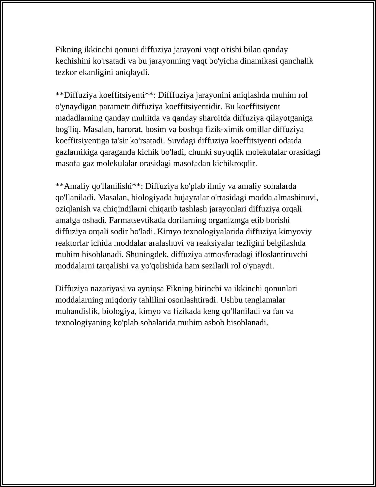 KO'CHISH HODISALARI. DIFFUZIYA, ISSIQLIK O‘TKAZUVCHANLIK VA QOVUSHQOQLIK 4