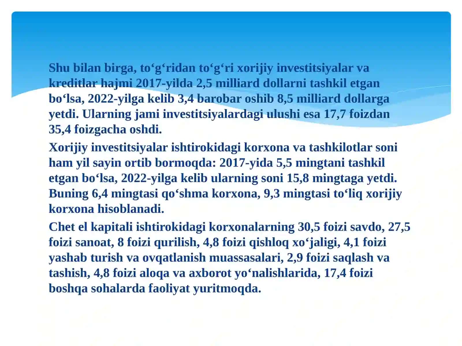 O’zbekistonda invistisiya ishtirokidagi korxonalarning iqtisodiy o’sishga ta’siri 4