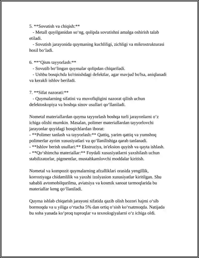 METAL VA NOMETAL MATERIALLARIDAN QUYMALAR TAYYORLAW TEXNALOGIYASI 4