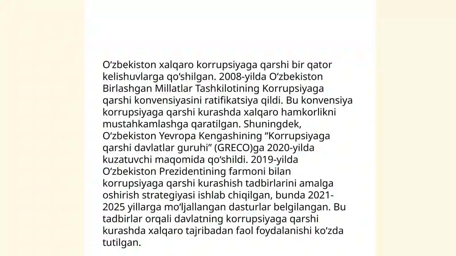 Korrupsiyaga qarshi kurash bo’yicha xalqaro qonunlar va qarorlarning O’zbekistonda ratifikatsiya qilishning ahamiyati,iqtisodiy-siyosiy va ijtimoiy huquqiy mexanizmlari 4