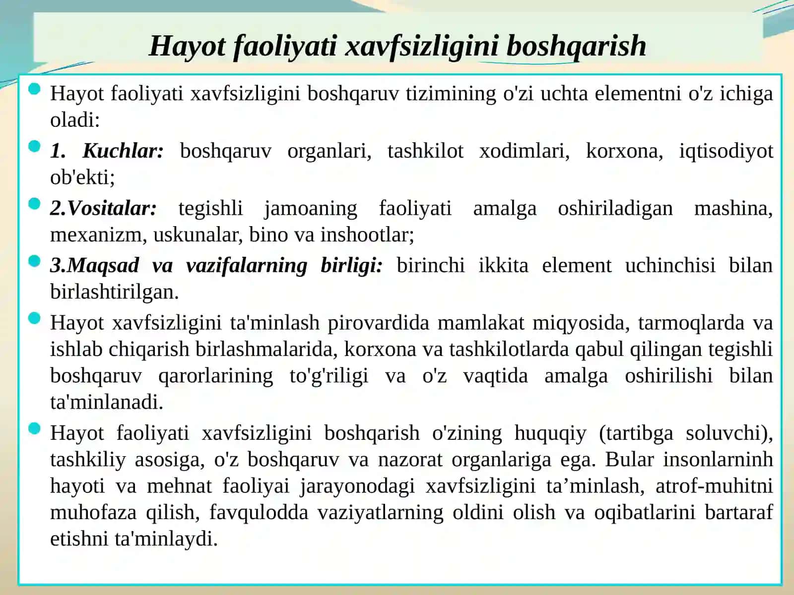Ishlab chiqarishda faoliyat xavfsizligini boshqarish tizimi 4
