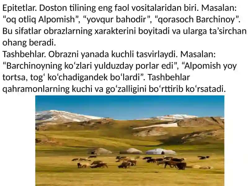 “Alpomish” dostonida emosional-ekspressivlikni ta’minlovchi stilistik birlikla 4