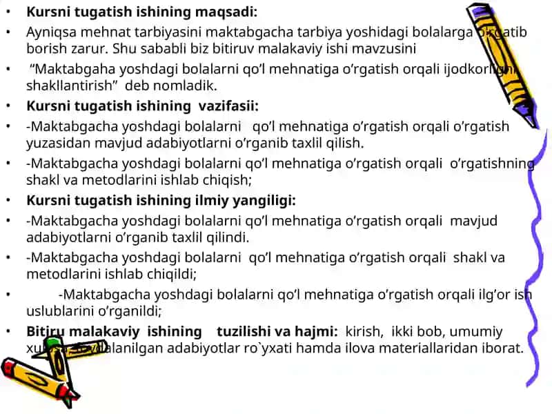Maktabgacha yoshdagi bolalarni qo’l mehnatiga o’rgatish orqali ijodkorligini shakllantirish. 4