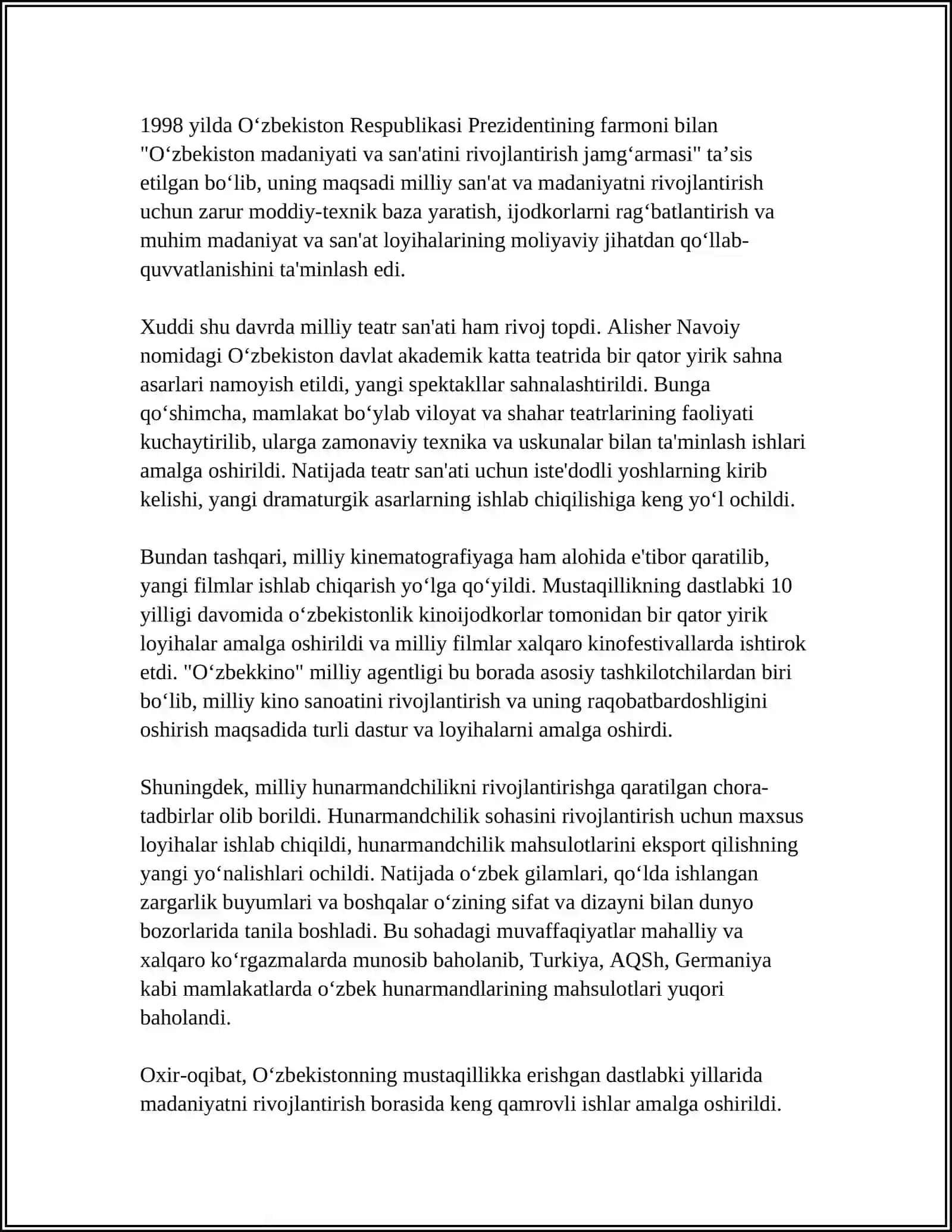 ÔZBEKISTON RESPUBLIKASIDAGI ISHTIMOIY ÔZGARISHLAR. MUSTAQILLIK YILLARIDA ÔZBEKISTON DAGI MANAVIY VA MADANIY TARAQIYOT 4