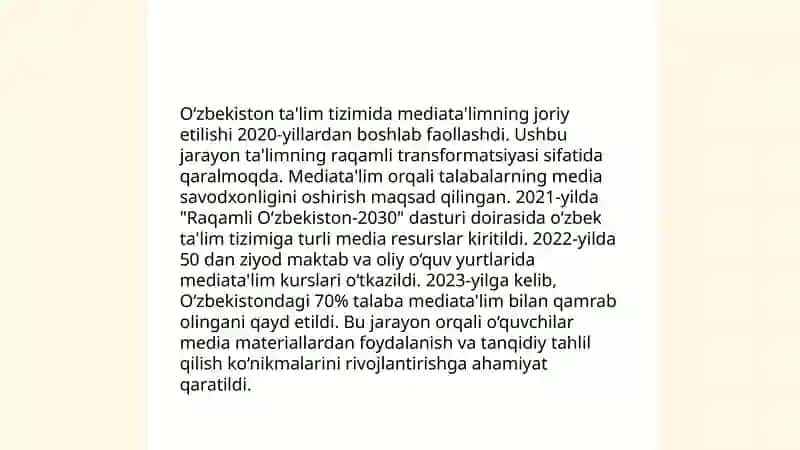 Axborot jamiyatini yuzaga kelishida fan va texnika yutuqlarining ta'siri. Oʻzbekiston taʼlim tizimida mediata'limning oʻrni. Media va axborot savodxonligi konsepsiyasi. Axborot matnlari bilan ishlash va media madaniyat 4