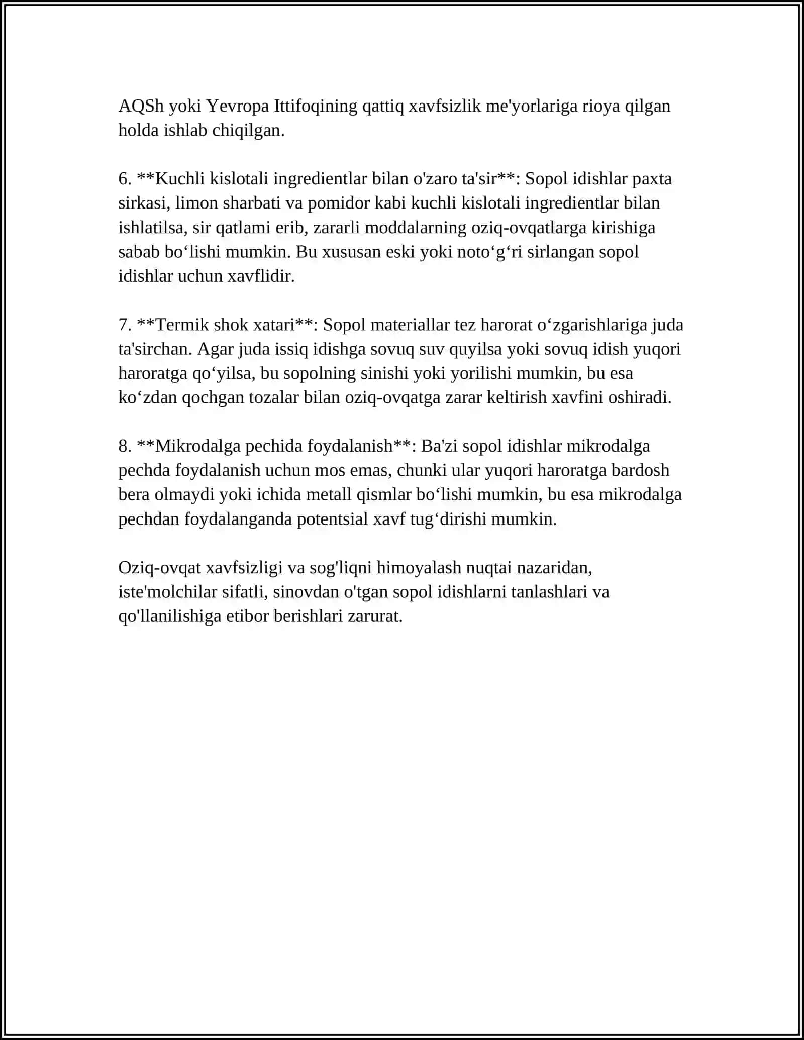 OZIQ OVQAT MAHSULOTLARI BILAN KONTAKDA BO‘LADIGAN IDISHLARNING TOKSIK TASIRINI O‘RGANISH 4