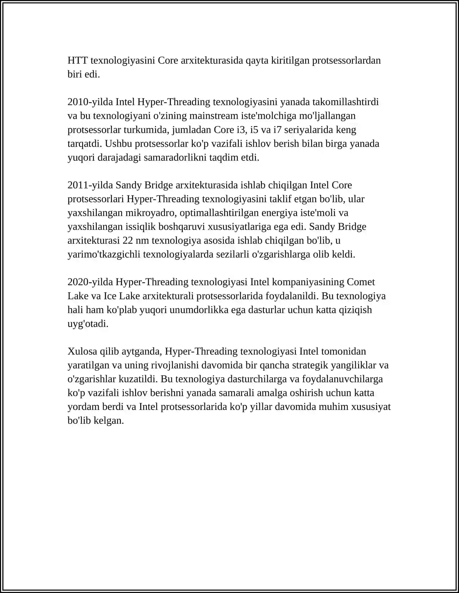 MUSTAQIL ISH Mavzu: HYPER-THREADING TEXNOLOGIYASI 4