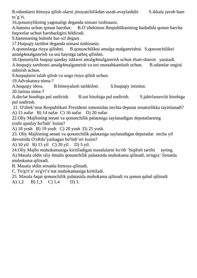 8-sinflar uchun O`zbekiston davlati va huquqi asoslari fanidan test. I-variant 4