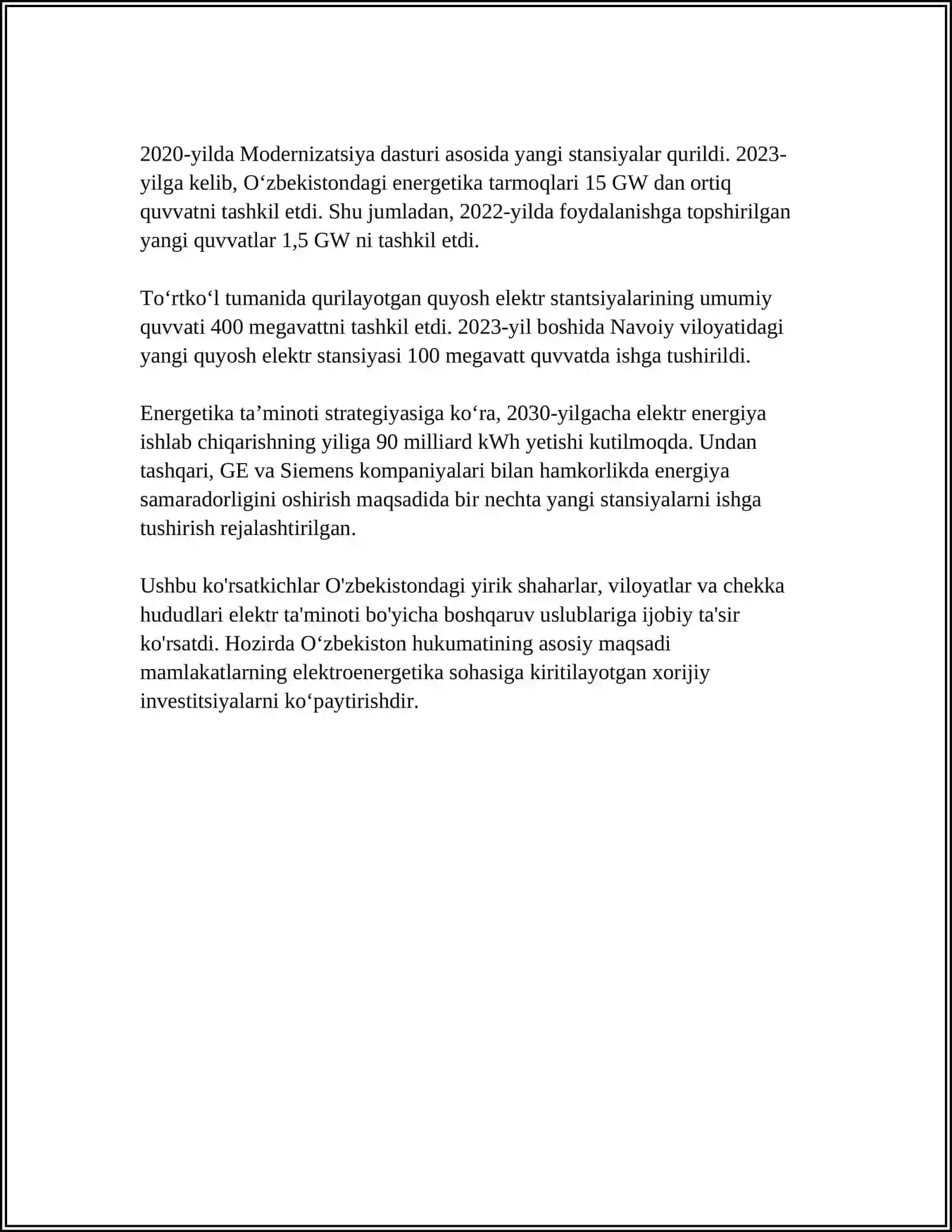 О‘ZBEKISTONDA ELEKTROENERGETIKANING RIVOJLANISH TARIXI. BUGUNGI KUNDA MAMLAKATIMIZDAGI ELEKTR ENERGIYASIYAGA BО‘LGAN TALAB VA ASOSIY MUAMMOLAR, ULARNING YECHIMI 4