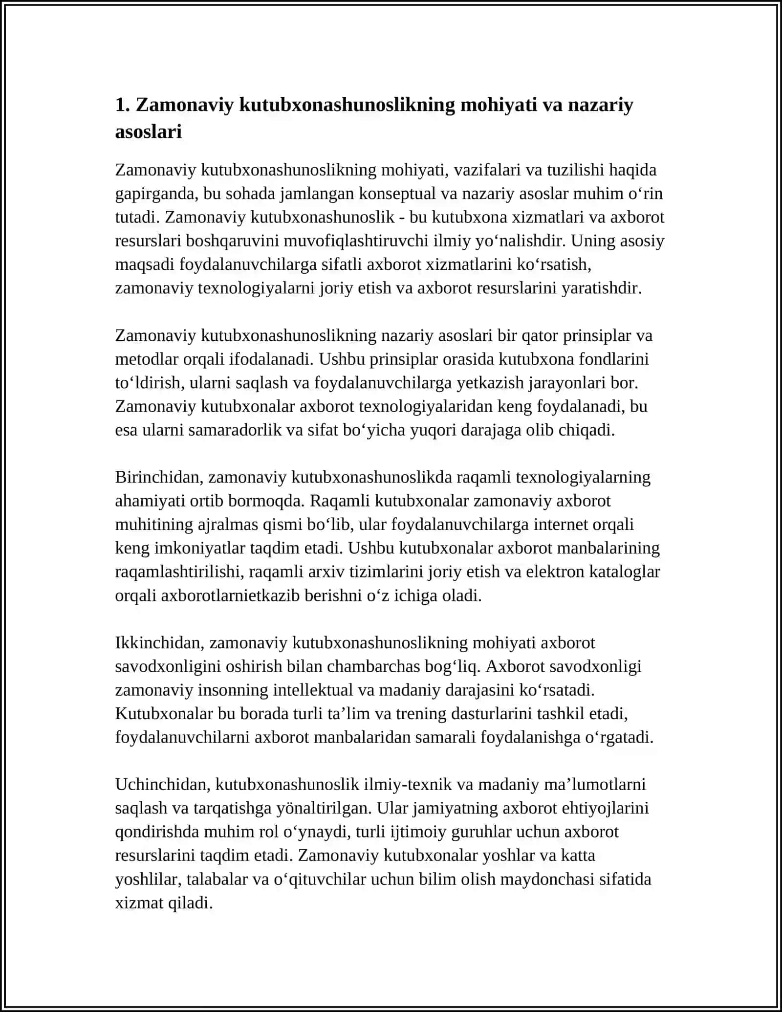 ZAMONAVIY KUTUBXONASHUNOSLIKNING MOHIYATI, VAZIFALARI VA TUZULISHI 4
