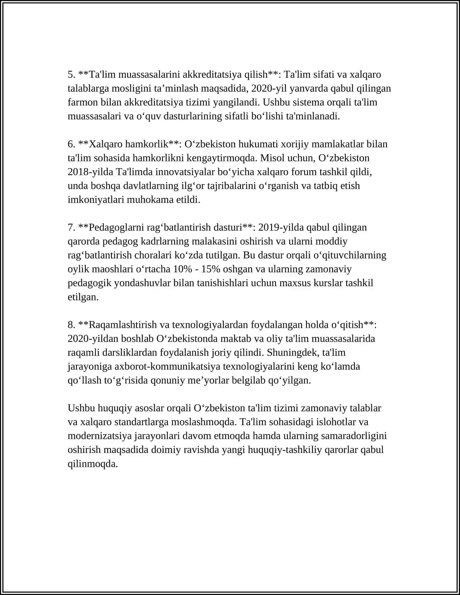 OʻZBEKISTONDA TALIM TIZIMIDA MODALIZATSIYA QILISH JARAYONI. TA'LIM TIZIMINING HUQUQIY NORMATIV ASOSLARI 4