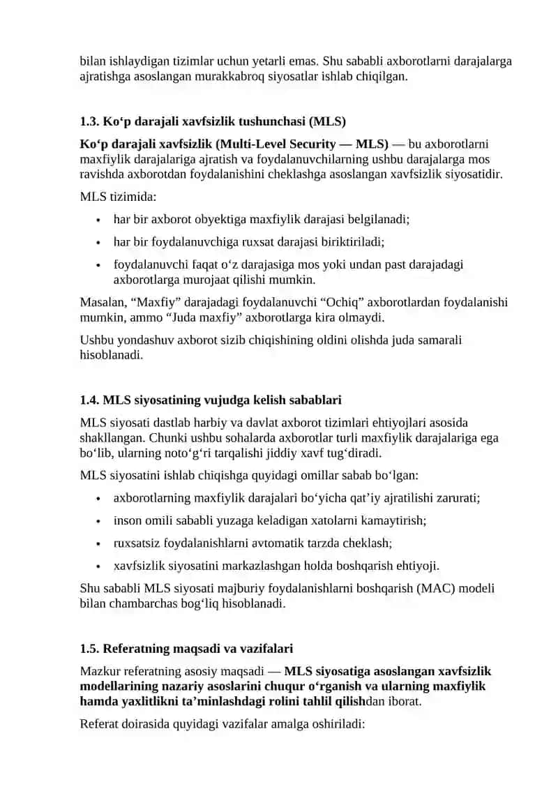 MLS siyosatiga asoslangan maxfiylik va yaxlitlikni ta’minlovchi xavfsizlik modeli 4