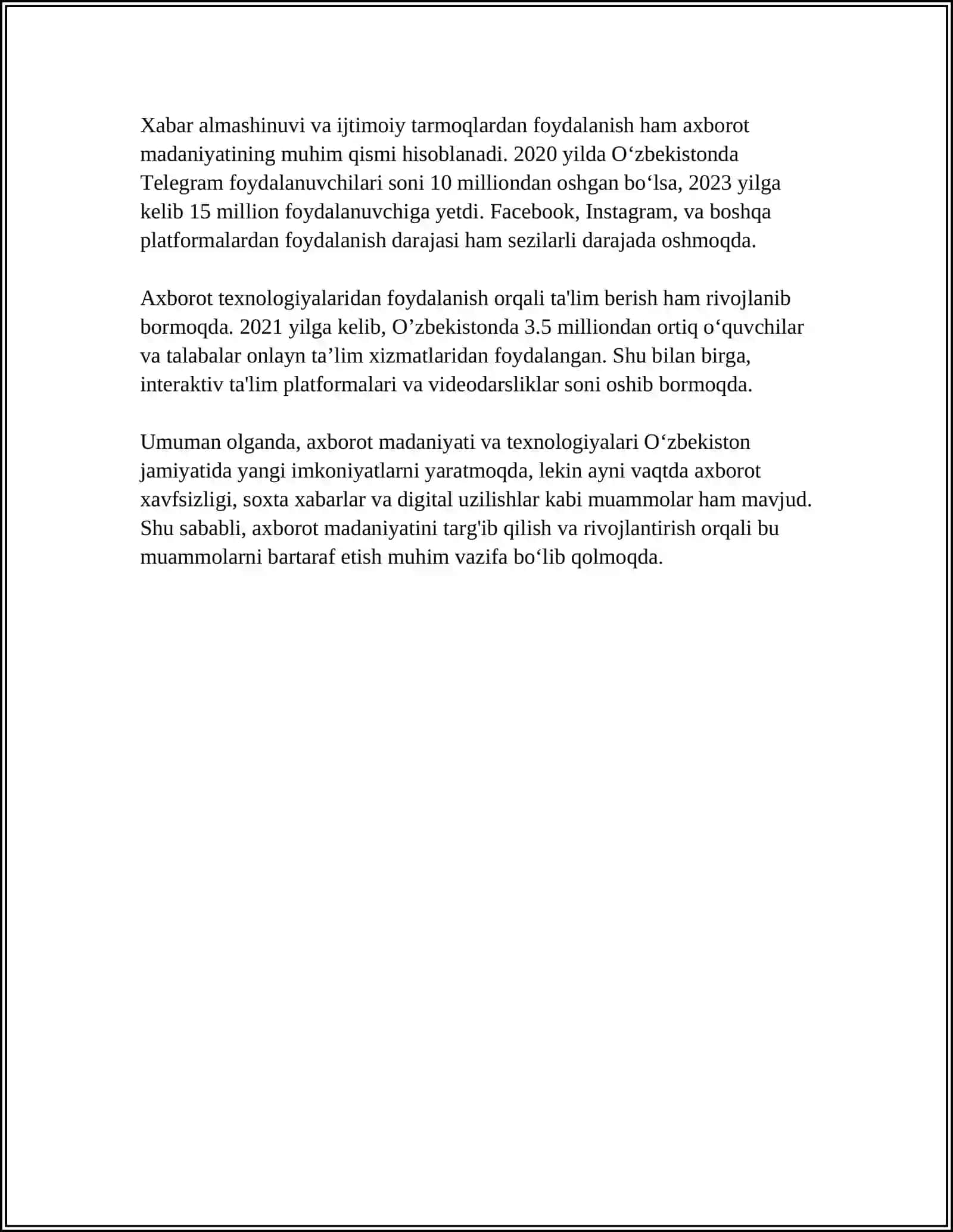 AXBOROT MATNLAR BILAN ISHLASH VA MEDIA MADANIYAT REFERAT 4