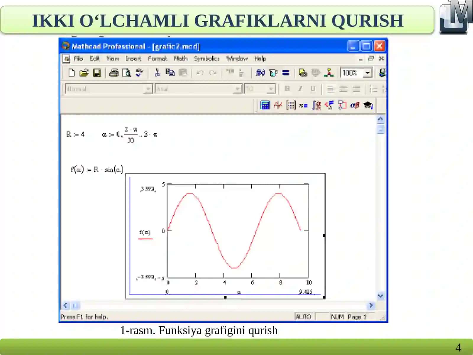 Amaliy matematik dasturiy paketlarning grafik imkoniyatlari. Ikki va uch o‘lchovli grafiklar yaratish 4