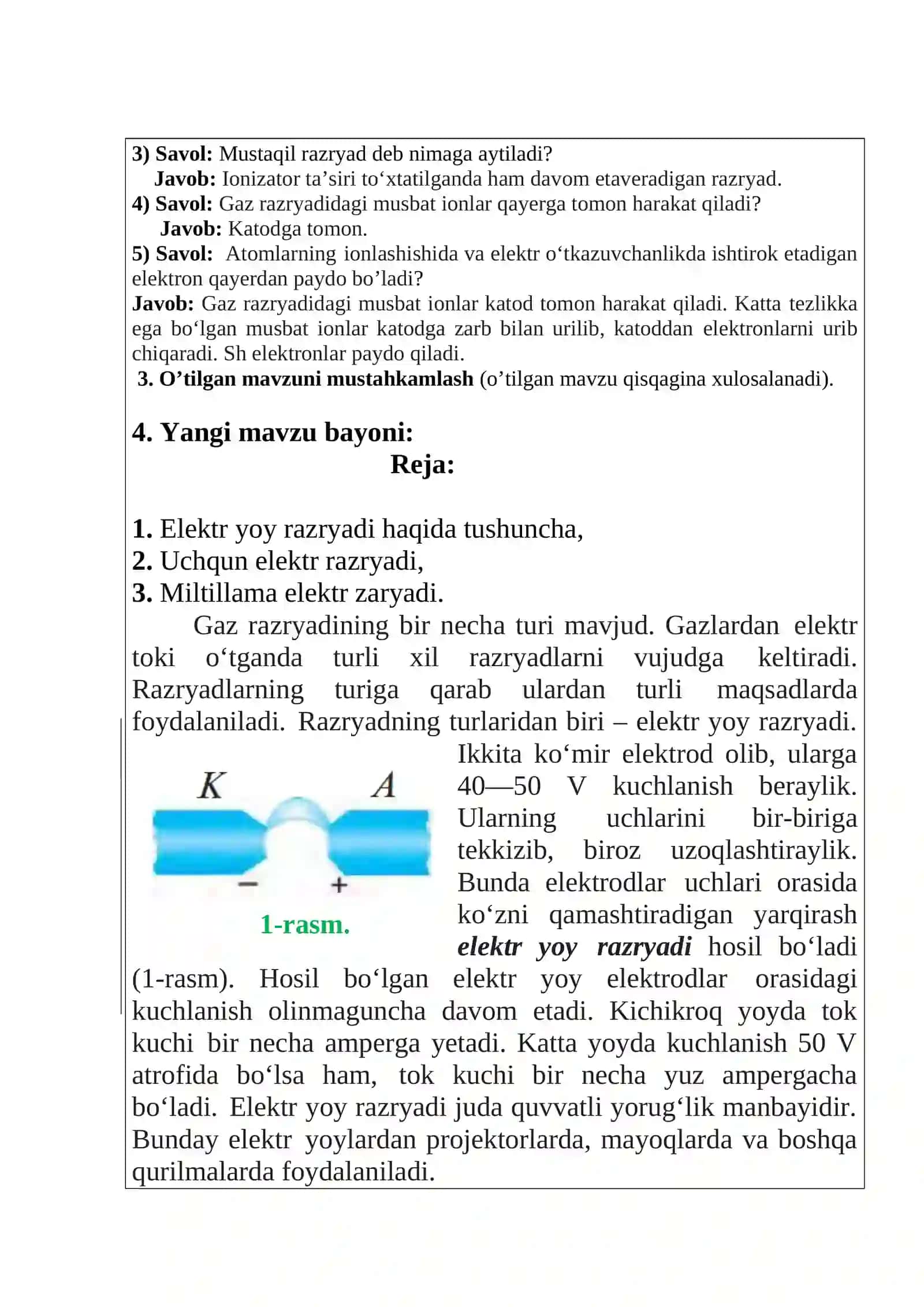 Elektr razryadning turlari va ulardan foydalanish mavzusida tayyor dars ishlanma. 4
