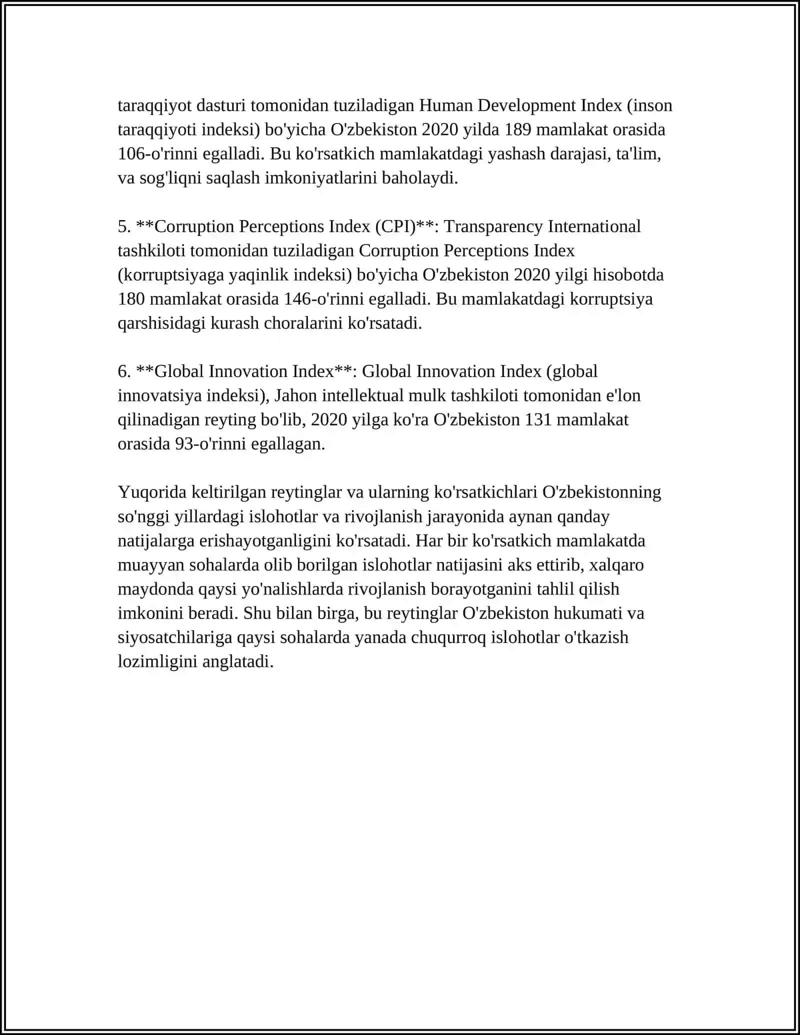 MUSTAQIL ISH Mavzu: IQTISODIY VA IJTIMOIY SOHADAGI USTUVOR HALQARO REYTINGLAR VA ULARGA O'ZBEKISTONNING INTEGRATSIYALASHUVI 4
