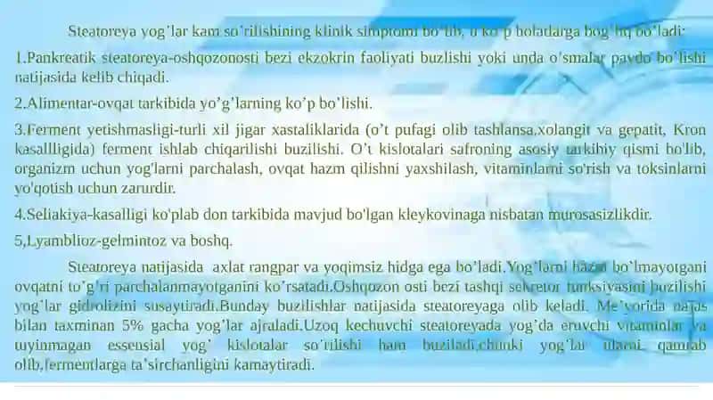 SURUNKALI GEPATITLARXOLESISTITLARDA  YOG’LAR HAZMLANISHI BUZILISHI (STEATOREYA) 4