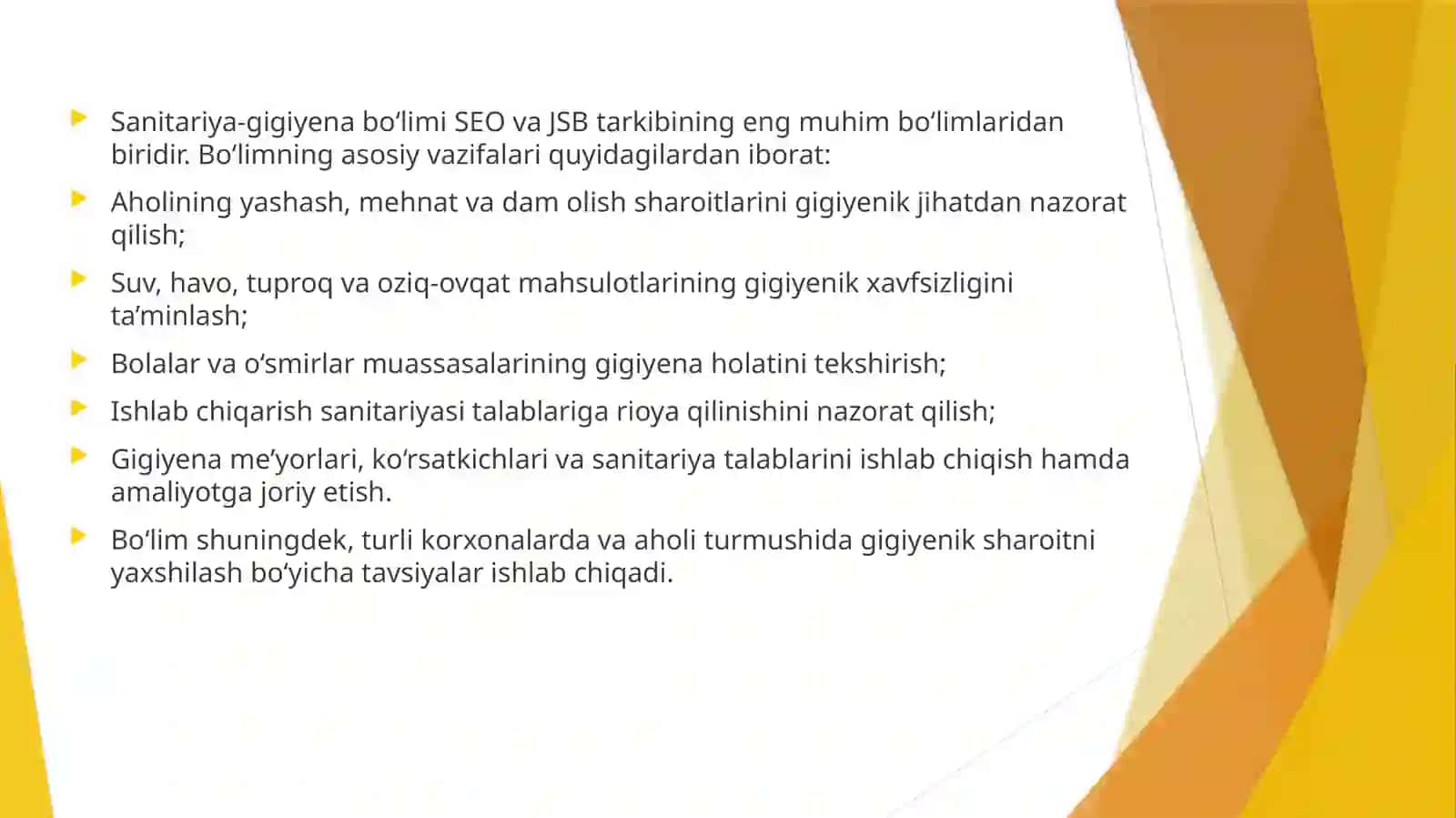 SEOvaJSB sanitariya-gigiyena bo‘limining vazifalari 4