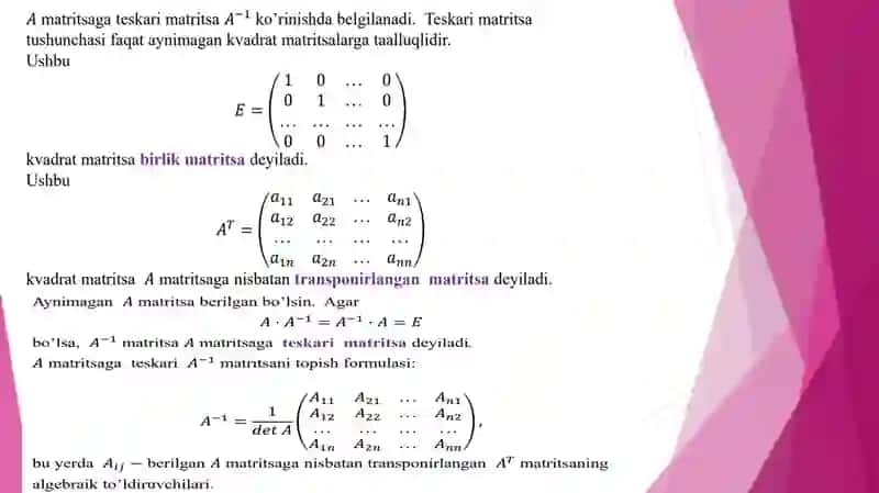 Teskari matritsa va uning mavjudlik sharti 4
