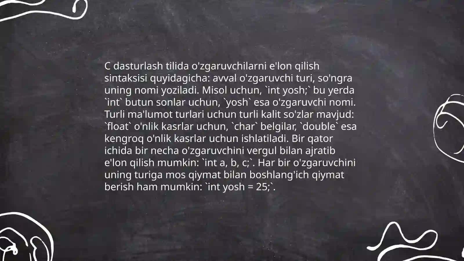 O'zgaruvchilarga qiymat kiritish va chiqarish operatorlari prinft(), scanf() funksiylari 4