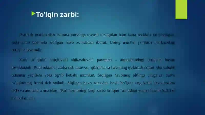 To’lqin zarbi.Jabrlanish zonalari tavsifi.Yorug’lik ajralishi.O’tuvchi nurlar. 4