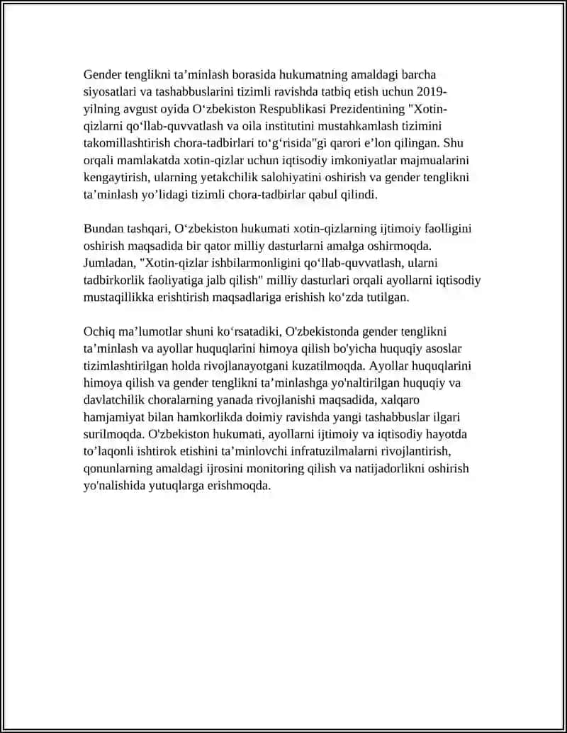 O'ZBEKISTONDA GENDIR TENGLIK 4