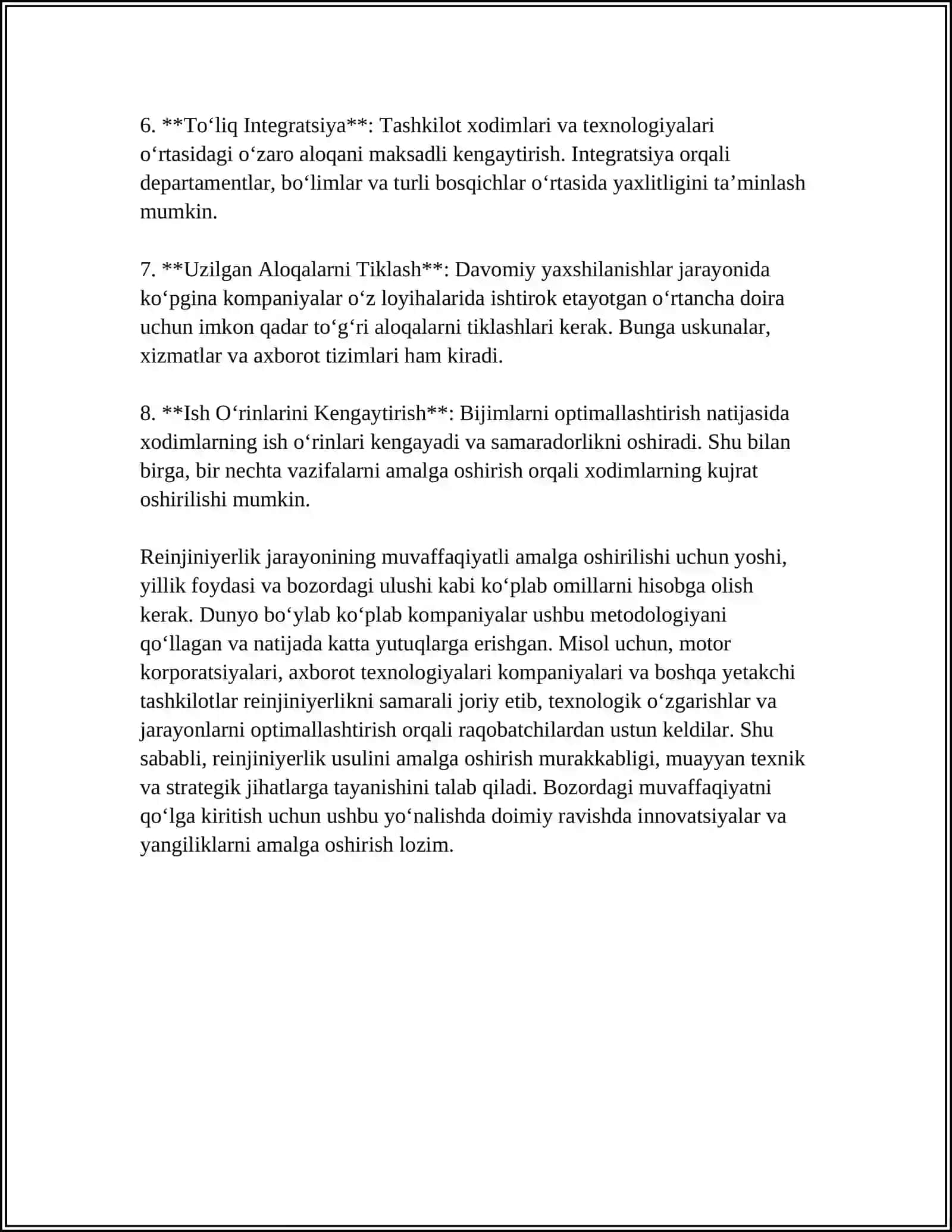 MUSTAQIL ISH Mavzu: REINJINIRING: XUSUSIYATLARI VA AHAMIYATI 4