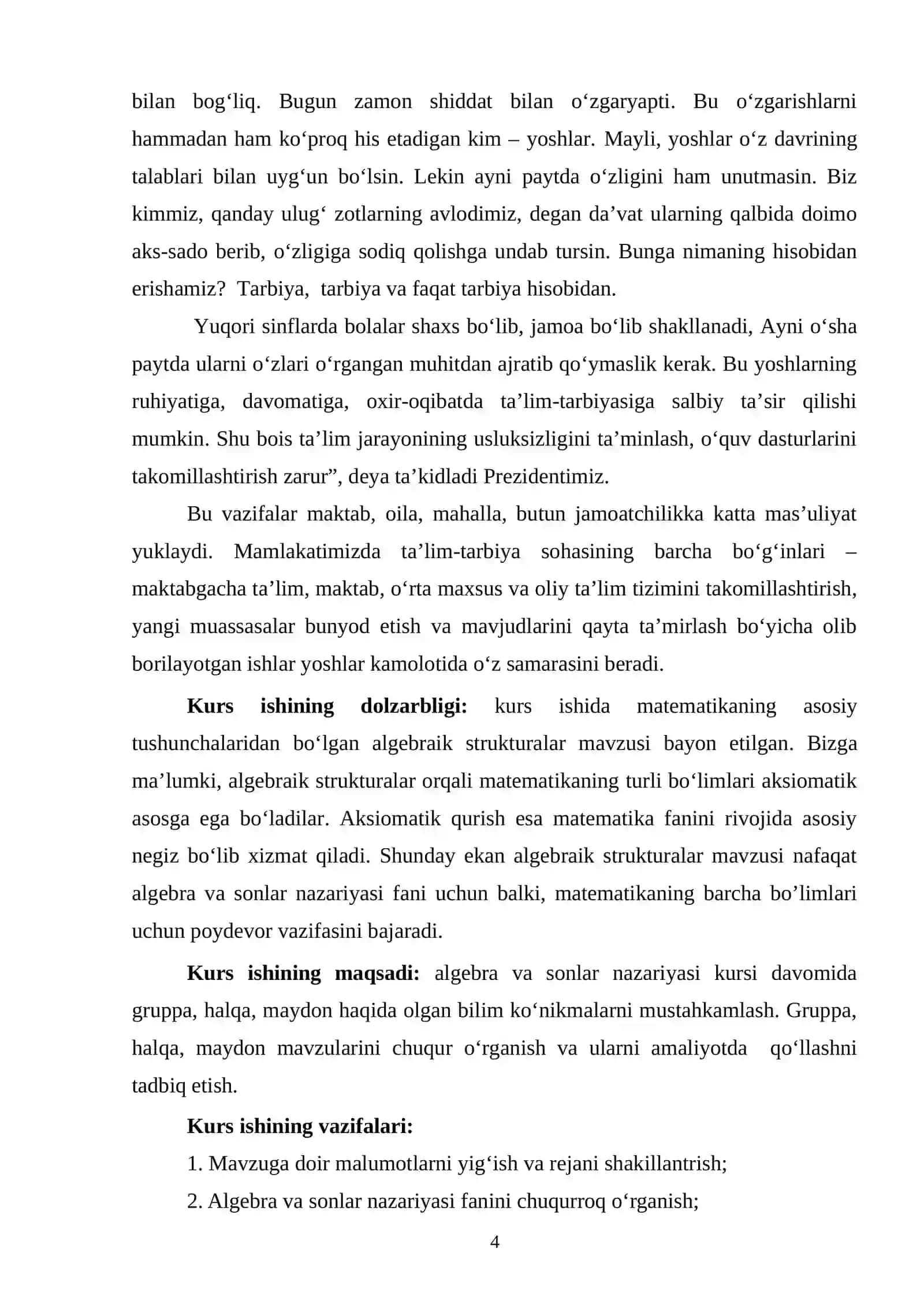 ASOSIY ALGEBRAIK STRUKTURALAR (GRUPPA, HALQA, MAYDON) 4