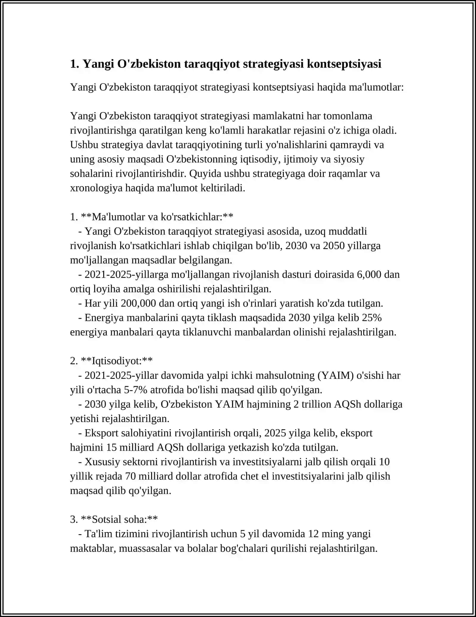 O'ZBEKISTON RESPUBLIKASI PREZIDENTI SH.MIRZIYOYEVNING "YANGI O'ZBEKISTON TARAQQIYOT STRATEGIYASI" KITOBIDA RIVOJLANISH MODELI VA UCHINCHI RENESSANS TUSHUNCHALARI ESSE YOZISH 4