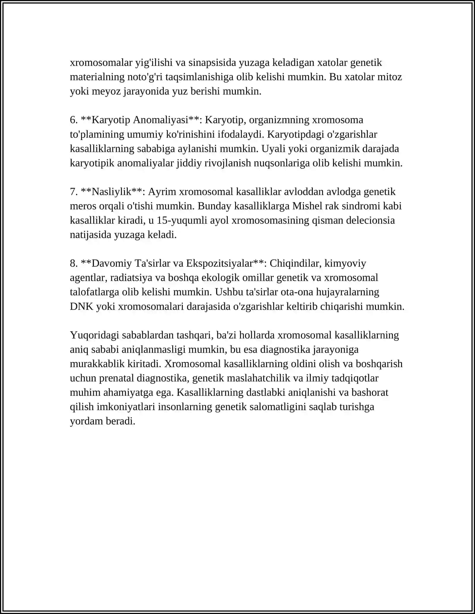 IRSIY KASALLIKLAR: XROMOSOMA KASALLIKLARI. ODAMLARDA KUZATILADIGAN NIKOH TIPLARI VA ULARNING TIBBIY-GENETIK TOMONLARI 4