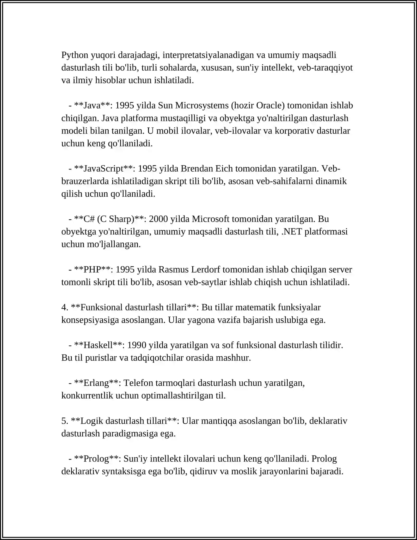 MUSTAQIL ISH Mavzu: DASTURLASH TILLARI 4