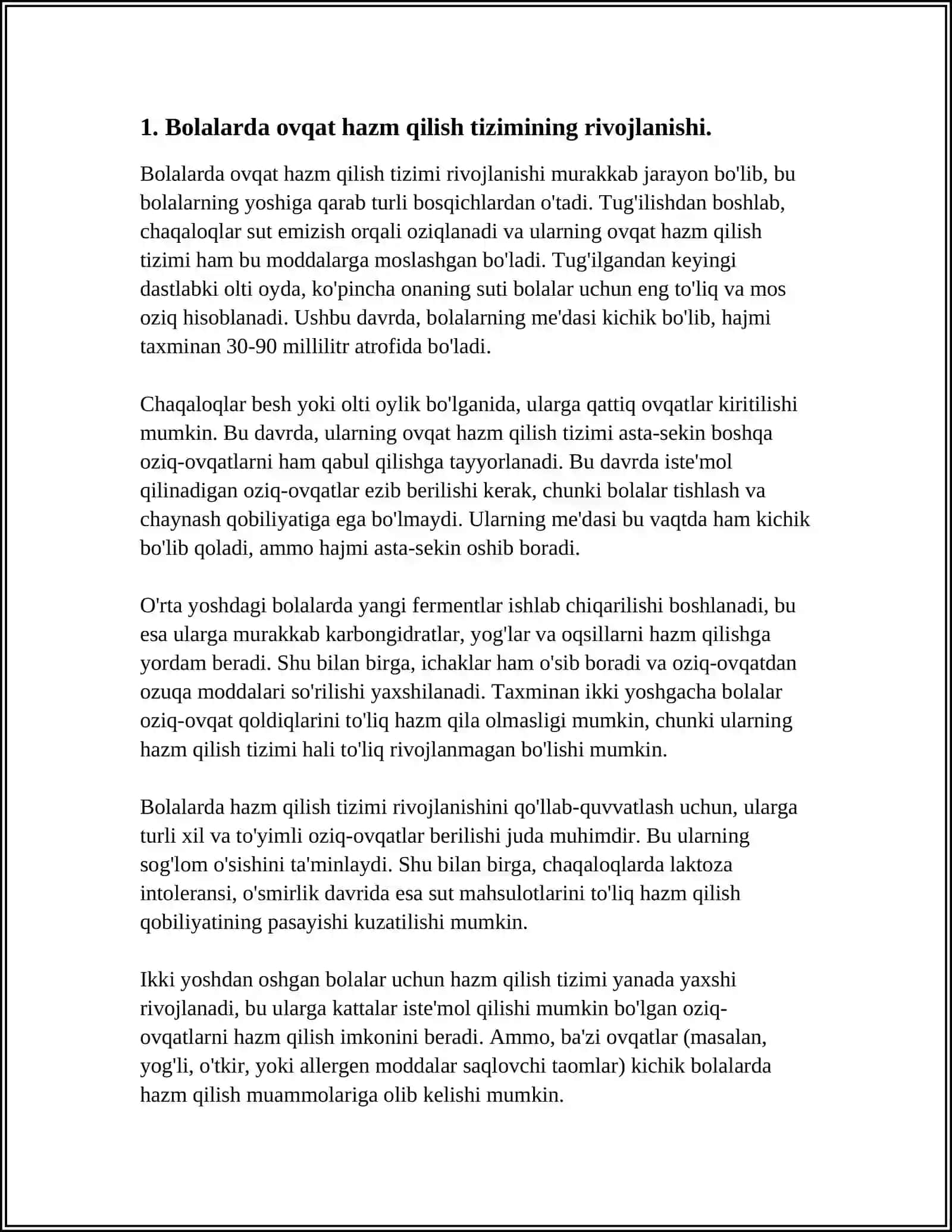 BOLALARDA VA OʻSMIRLARDA OVQAT HAZM QILISH XUSUSIYATLARI: OZUQA MODDALARINING ASSIMILATSIYA JARAYONLARINING XUSUSIYATLARI 4