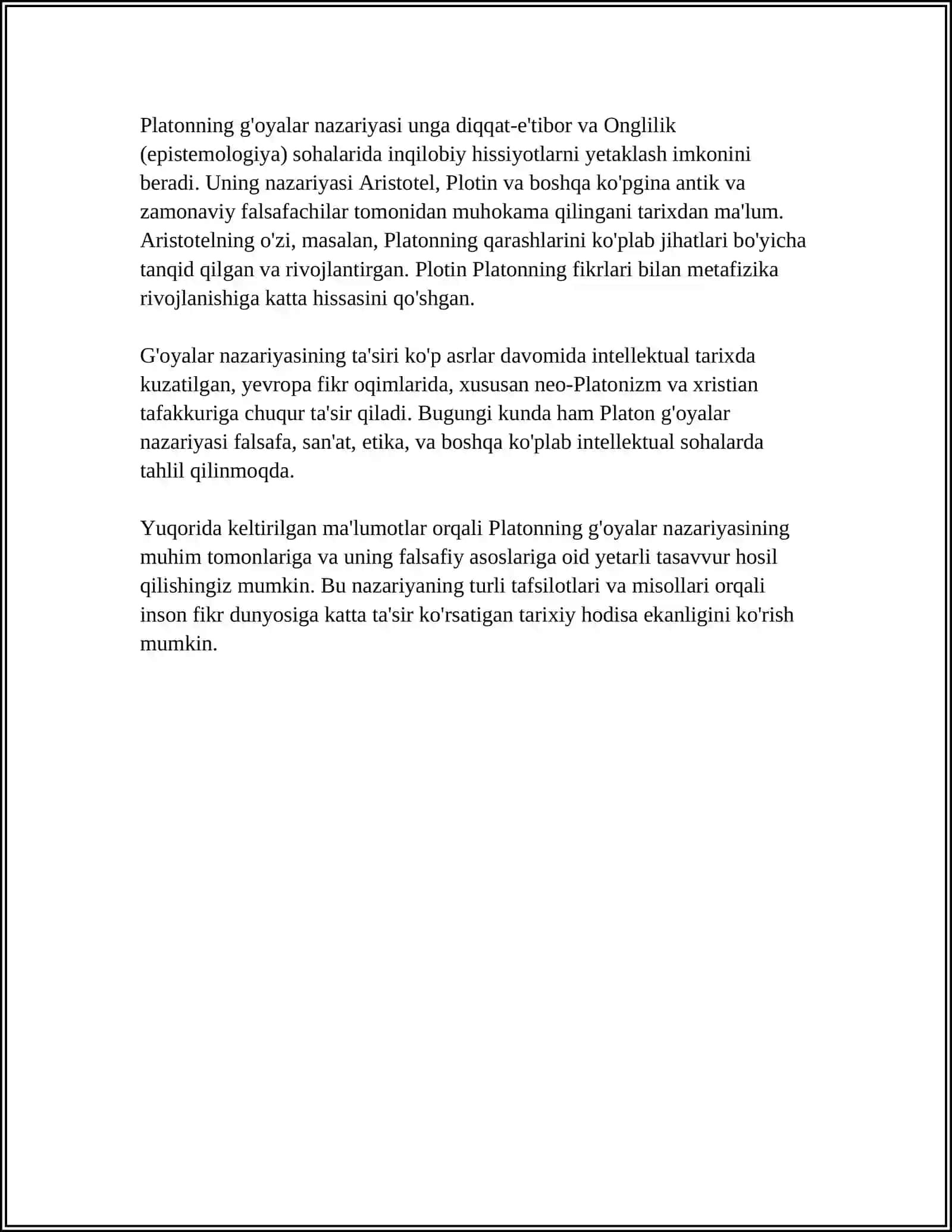 YEVROPA MUTAFAKKIRLARI PLATON, BEKON, R.DEKART, D.YUMNING FALSAFAGA OID KARASHLARINI QIYOSIY TAHLIL ETISH VA FIKRLARGA IZOH 4