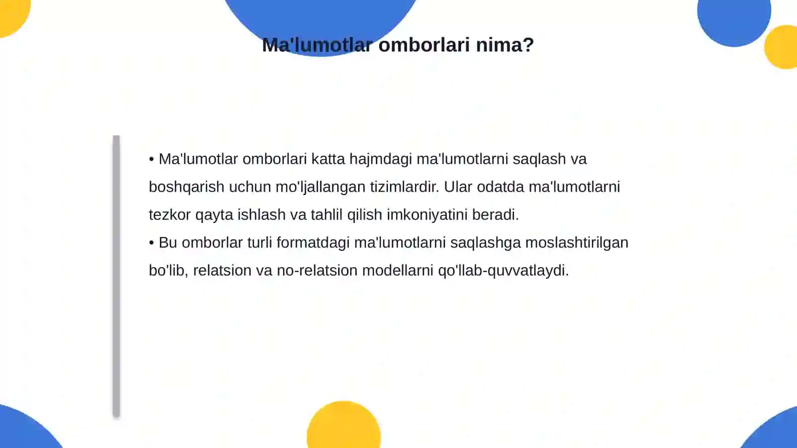 Bulut texnologiyalarida ishlatiladigan ma'lumotlar omborlari(Cloud SQL,NoSQL) 4