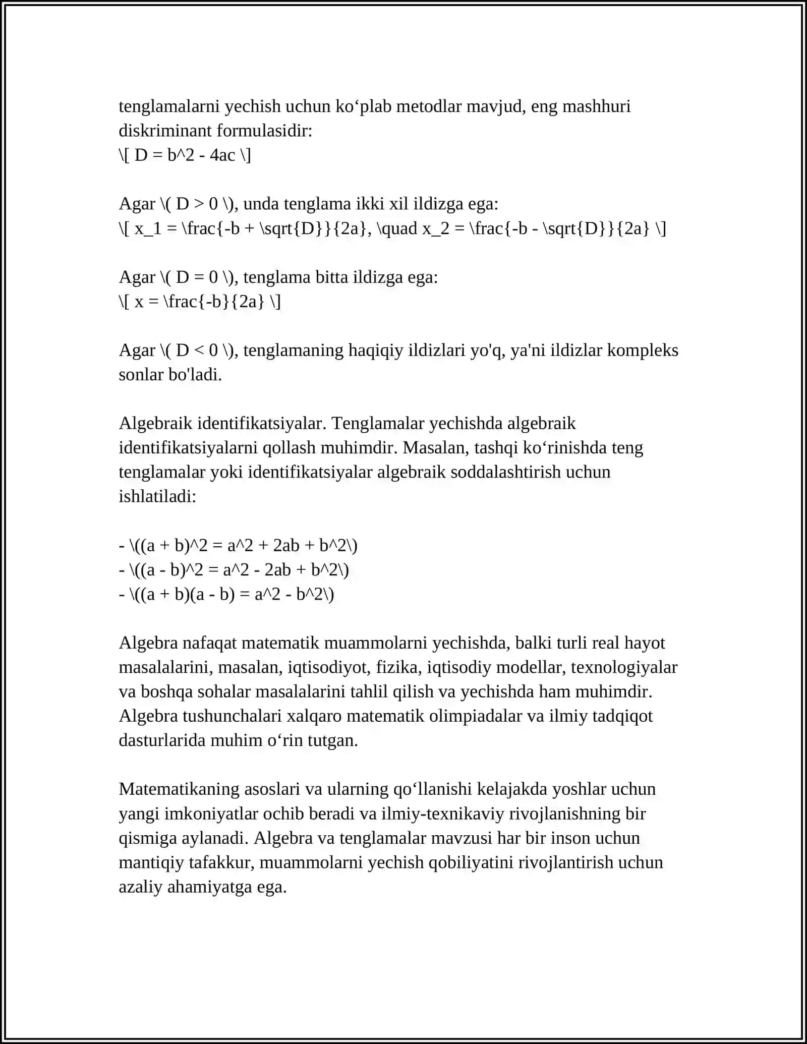 MATEMATIKADAN TOʻGARAKLAR, OʻN MINUTLIKLAR,KONKURS, BELLASHUVLAR, VA MASHGʻULOTLARNI TAYYORLASH VA OʻTJAZISH METODIKASI 4
