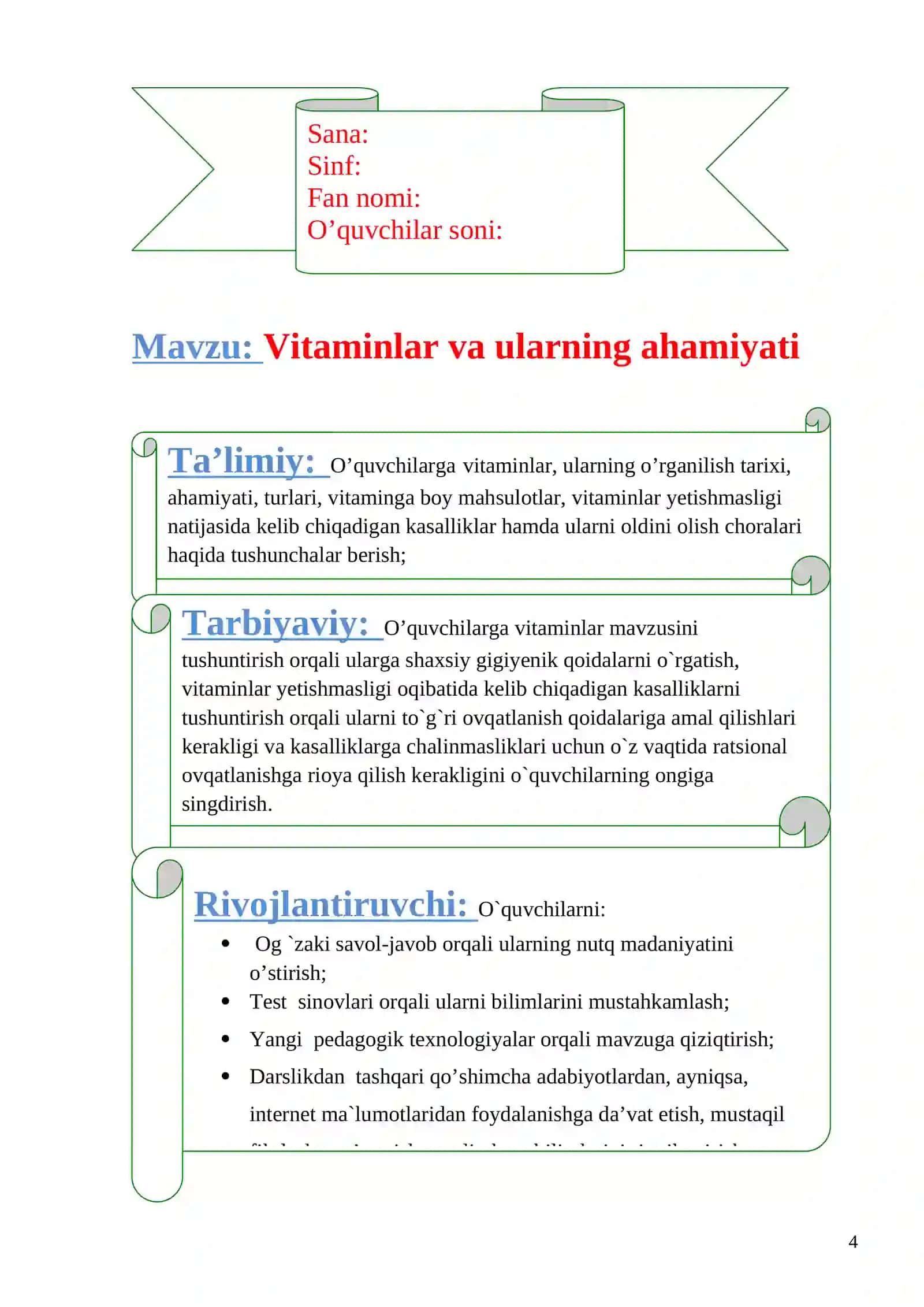 10-sinf Biologiya fanidan Vitaminlar va ularning ahamiyati mavzusida dars ishlanma 4