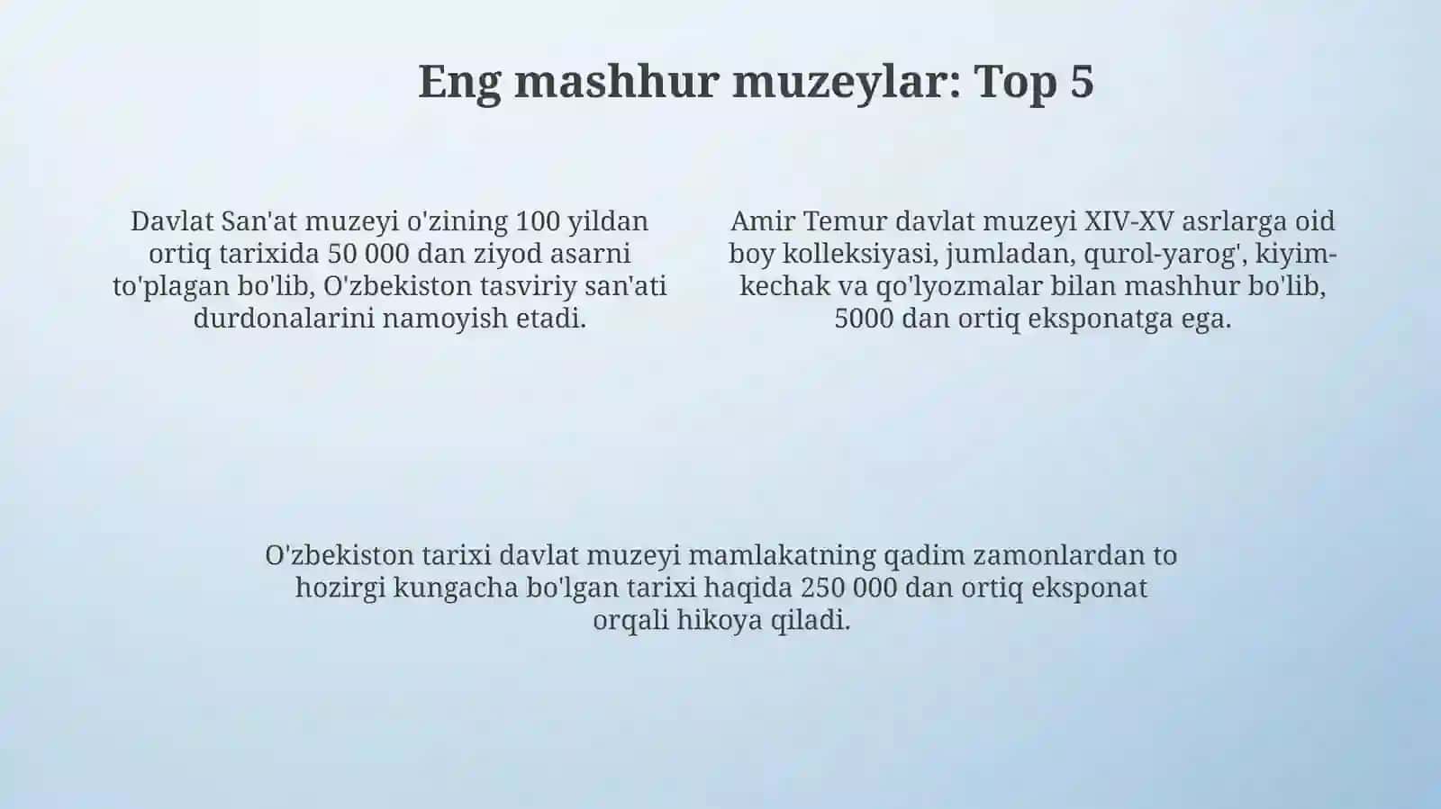 Toshkent shahrida joylashgan muzeylar 4