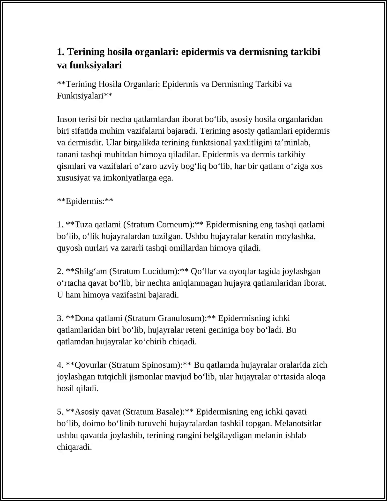 Terining Hosila Organlari: Epidermis va Dermisning Tarkibi va Funktsiyalari 4