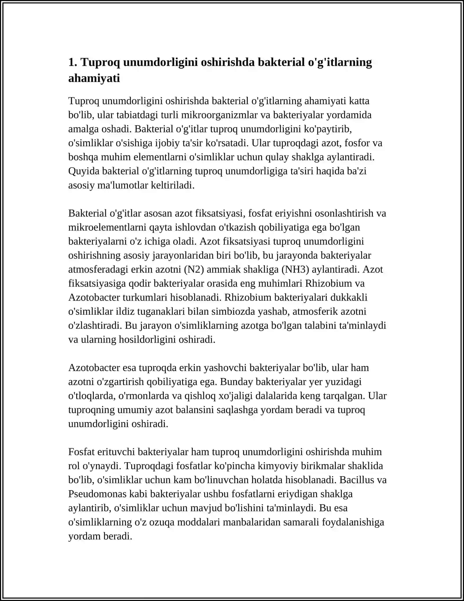 Tuproq unumdorligini oshirishda bakterial o'g'itlarning ahamiyati 4