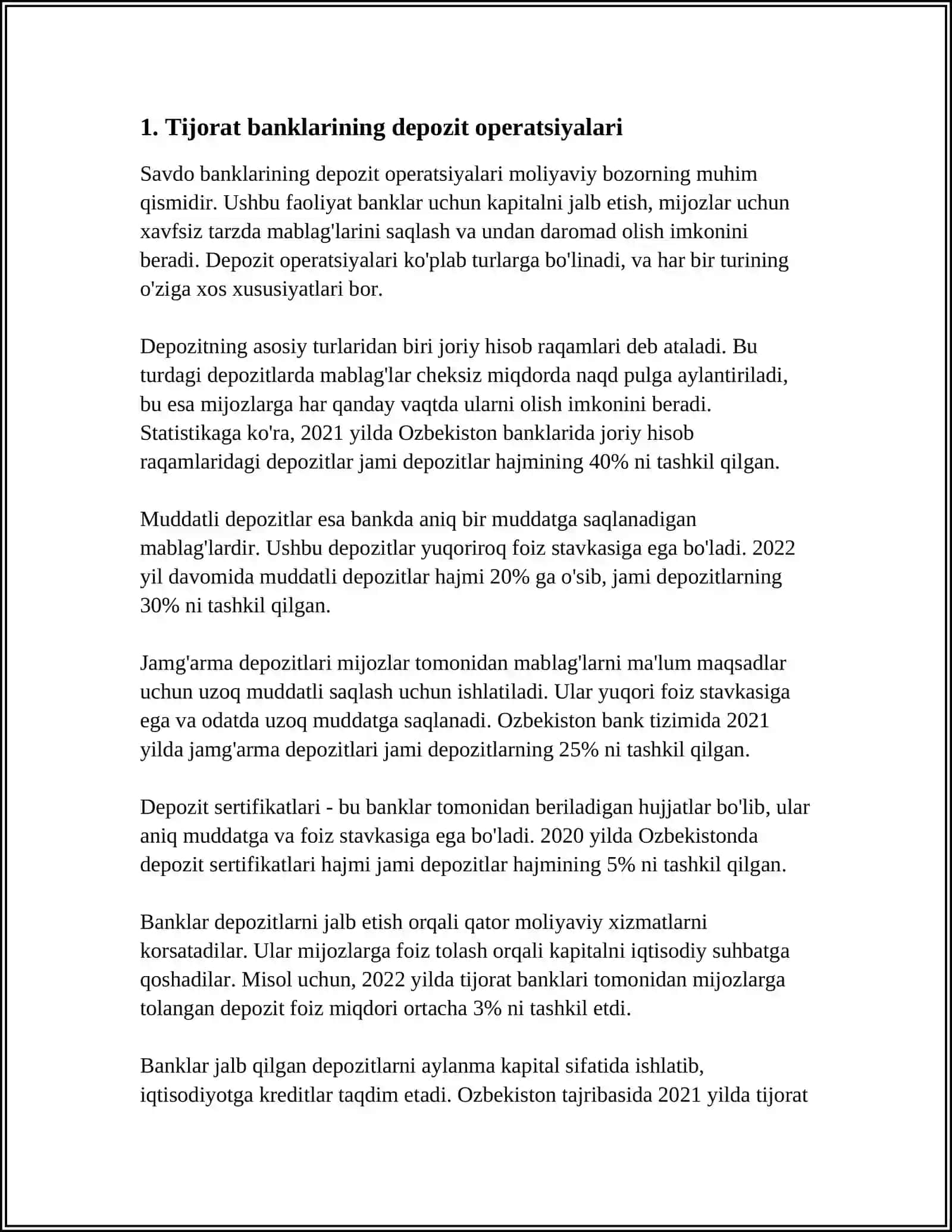 TIJORAT BANKLARINING DEPOZIT VA NODEPOZIT OPERATSIYALARINING TAVSIFI 4