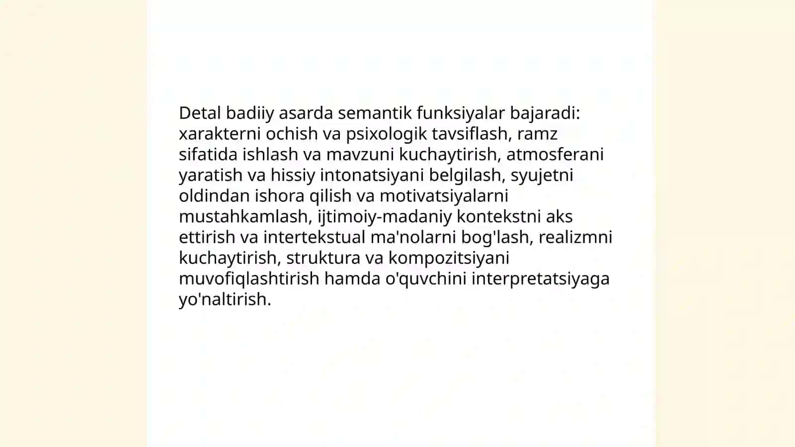 Adabiyotshunoslikning yordamchi sohalari, badiiy asarlarda detal mavzusi 4