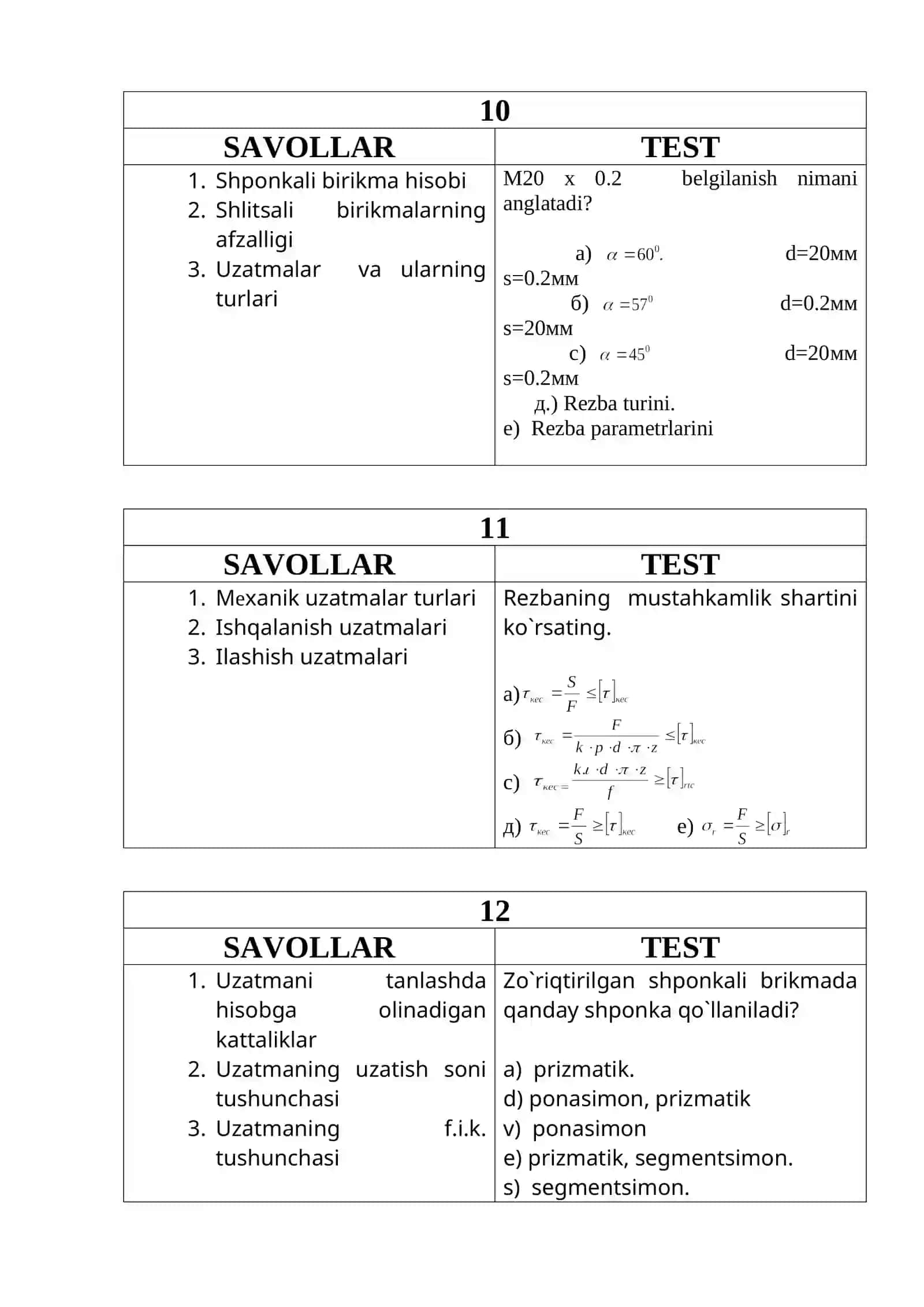 Texnika SAVOLLAR TEST 4